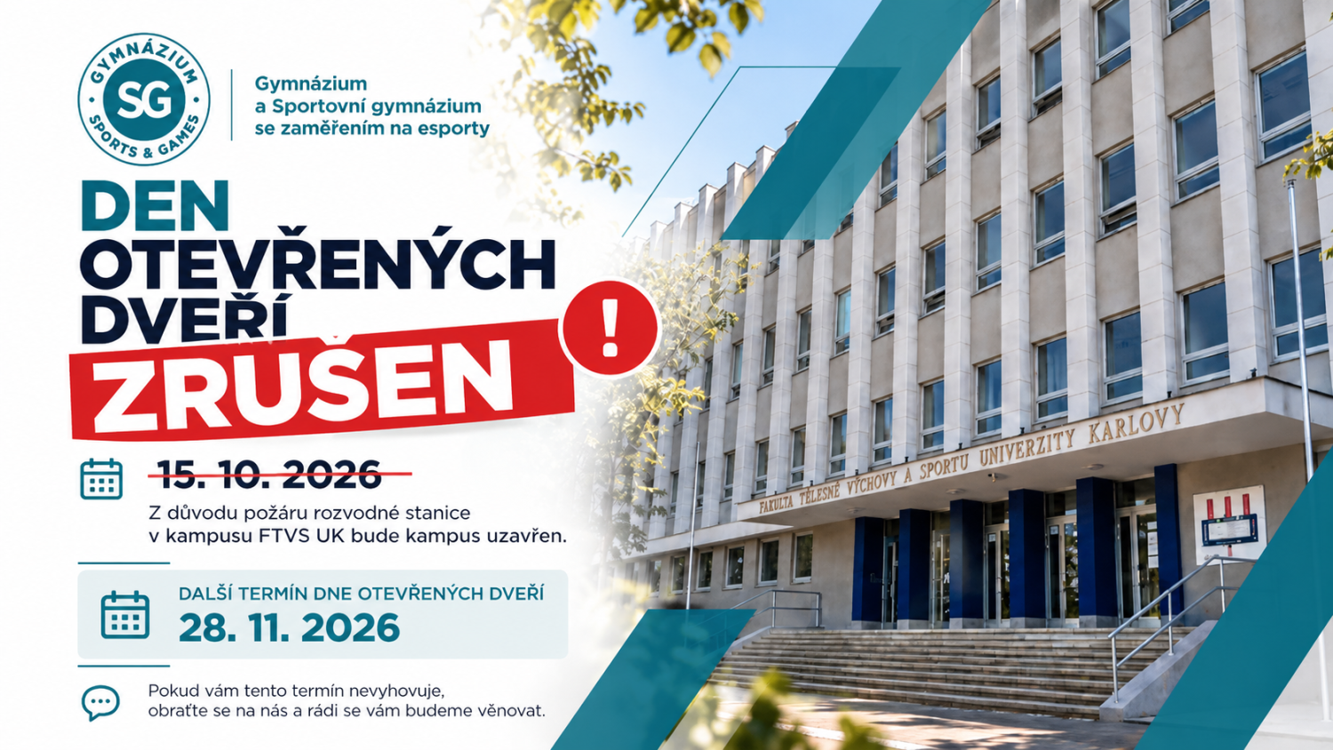 Den otevřených dveří 15. října se z mimořádných důvodů ruší